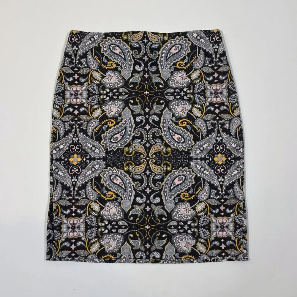 Ann Taylor Loft Black Yellow Paisley Print Cotton Pique Pencil Skirt - 2 Petite - Picture 2 of 7